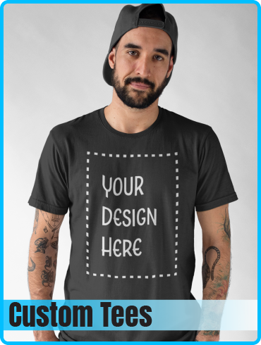 Man wearing a custom printed t-shirt that reads "Your Design Here"