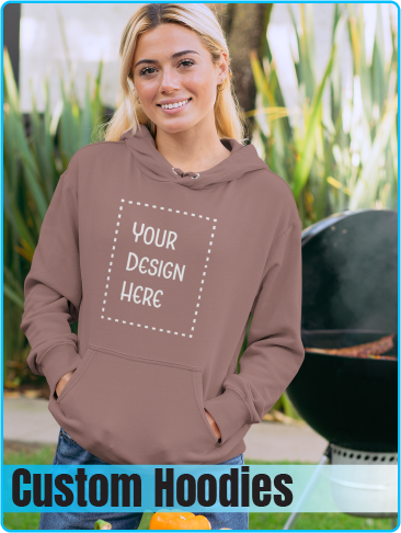 Woman wearing a custom printed hoodie that reads "Your Design Here"